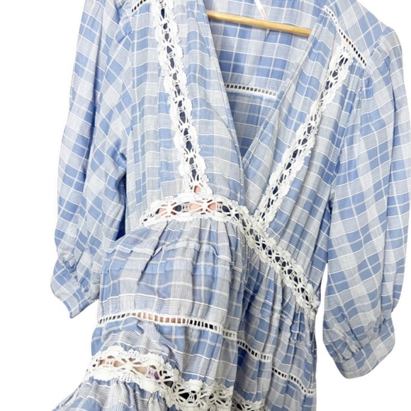 Free People Women's Time Out Lace Plaid Gingham 3/4 Sleeve Ruffle Tunic Blouse - Picture 8 of 16